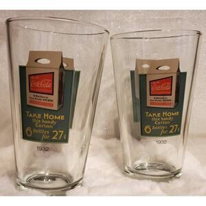 Coca-Cola Coke Set of 2 Glass Retro 1932 Take Home this Handy Carton Print 16oz